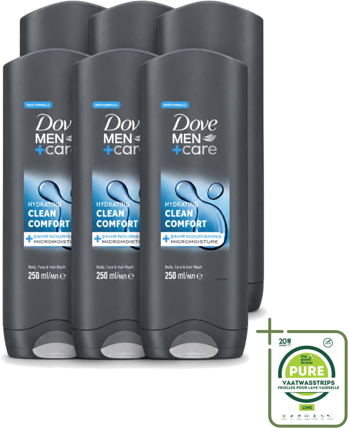 6 x Dove - Douchegel - Men+ Care Clean Comfort - Comfort en verzorging - 250 ml - Grootverpakking - Vaatwasstrips - Douchegel - Fris - Energie - Reiniging - Hydraterend