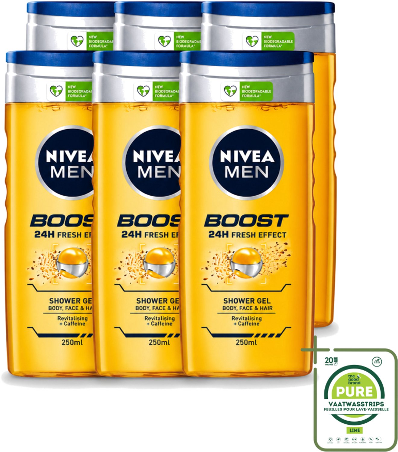 6 x Nivea - Men - Boost Douchegel - 24 Uur Lang Effect - 250 ml - Grootverpakking - Vaatwasstrips - Douchegel - Cafeïne - Fris Effect - Energieboost - Huidverzorging