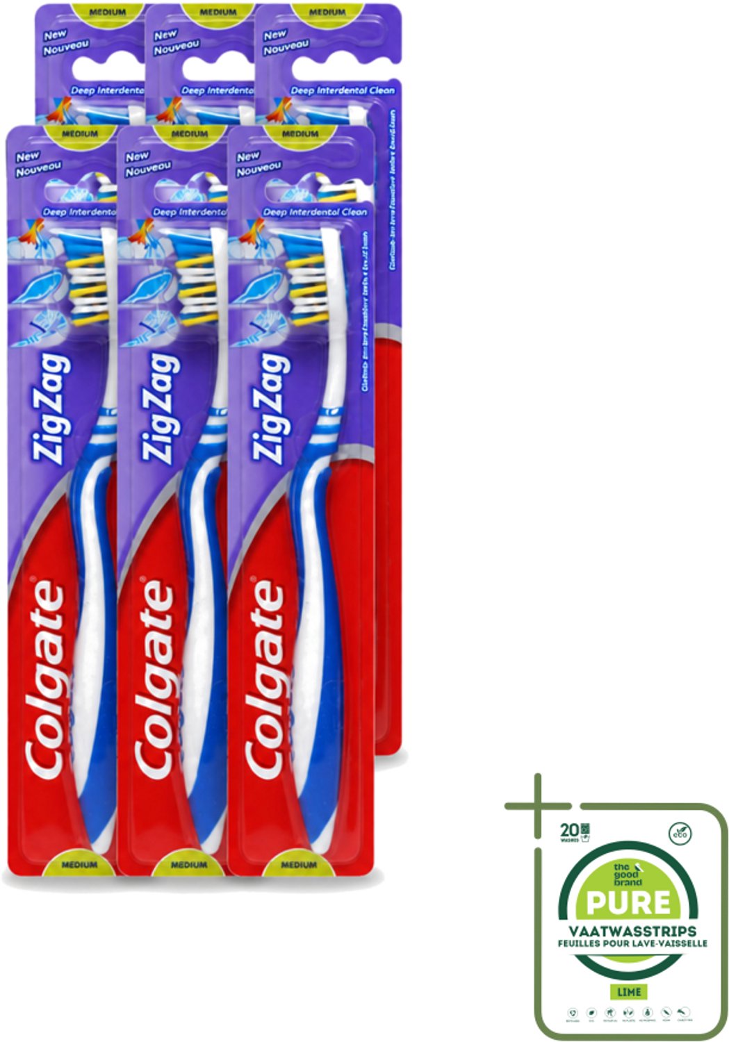 6 x Colgate - Tandenborstel - ZigZag Medium - 1 Tandenborstel - Grootverpakking - Vaatwasstrips - Tandenborstel - Tandenborstel Zigzag - Reiniging Tanden - Tandenborstel Medium - Tandenborstel Colgate