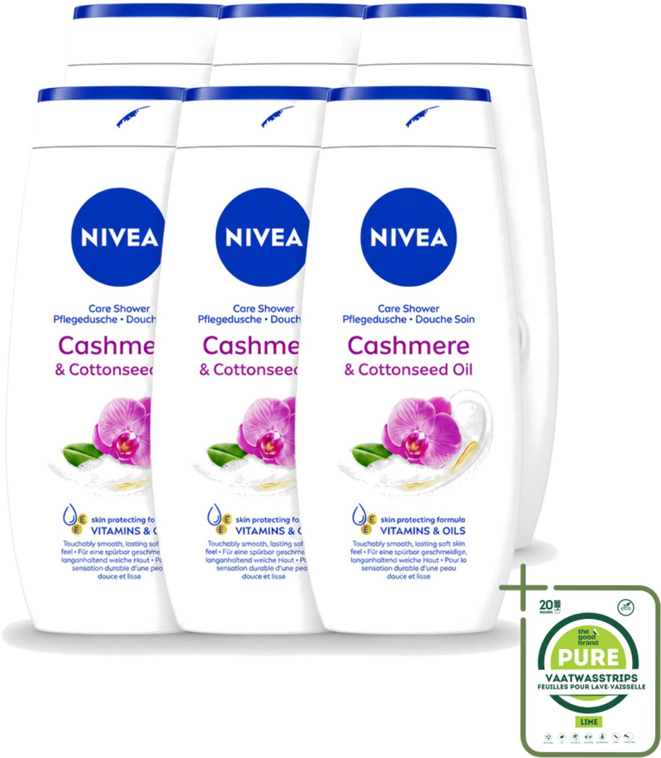 6 x Nivea - Douche Cashmere Moments - Beschermend - 250 ml - Grootverpakking - Vaatwasstrips - Douchegel Cashmere - Beschermende Douchegel - Gezonde Huid - Hydraterende Douchegel - Cashmere Geur