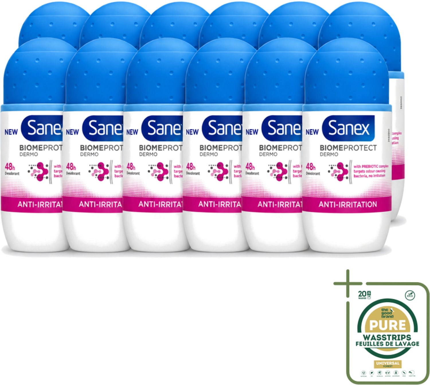 12 x Sanex – Deo Roll-on – BiomeProtect Dermo Anti-Irritation – 50 ml - Wasstrips - Gevoelige Huid - Anti-irritatie - Huidmicrobioom - Deodorant Roller - Alcoholvrije Deodorant