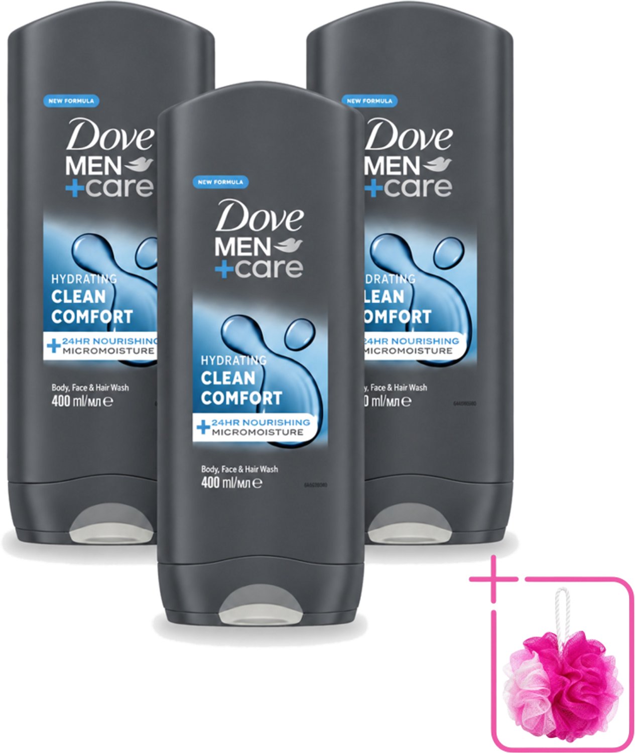 3 x Dove - Douchegel - Men+ Care Clean Comfort - Comfort en verzorging - 400 ml - Bulkverpakking - Douchegel - Douchemop - Mannelijke geur