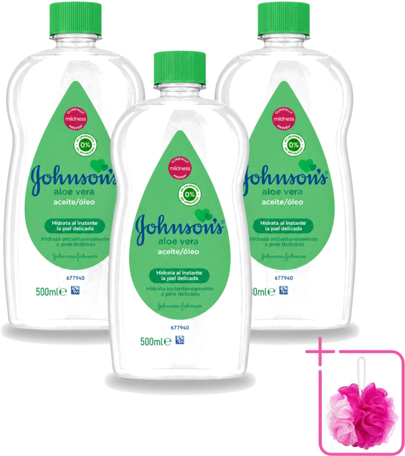 3 x Johnson's - Baby Olie - Aloe Vera - Hydrateerd Gevoelige Huid - 500 ml - Bulkverpakking - Babyolie - Douchemop - Aloe vera