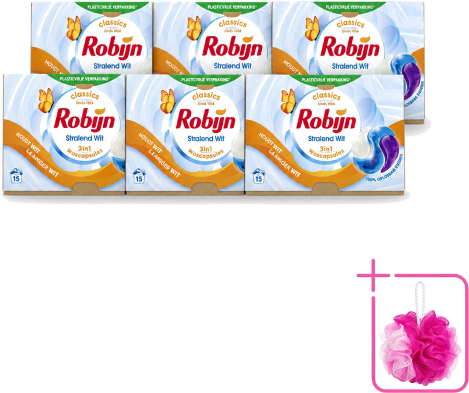6 x Robijn – 3-in-1 Wascapsules – Stralend Wit – 15 capsules - Bulkverpakking - Wit was - Douchemop - Stralend Wit