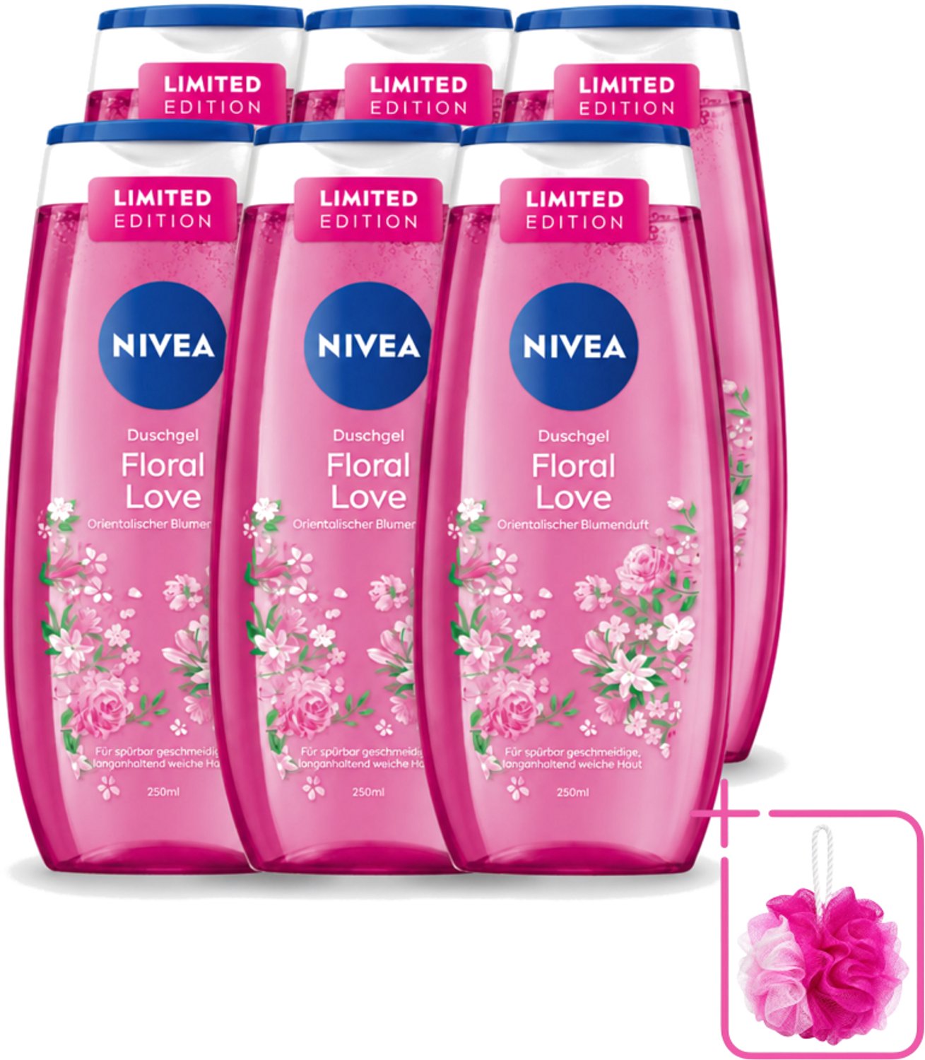 6 x Nivea – Douchegel – Floral Love – 250 ml - Bulkverpakking - Douchegel - Douchemop - Bloemige geur