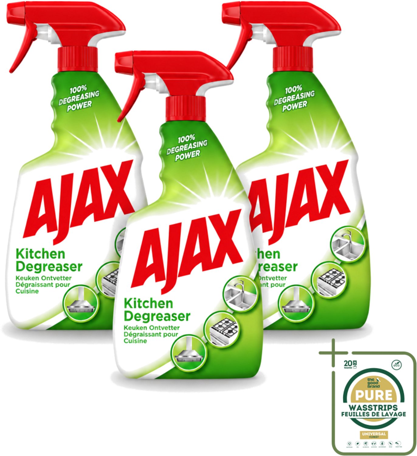 3 x Ajax - Keuken Ontvetter Spray - Verwijdert Hardnekkig Vet - 750 ml - Wasstrips - Keuken Ontvetter - Vet Verwijderen - Keuken Reinigen - Hardnekkig Vet - Keuken Schoonmaken