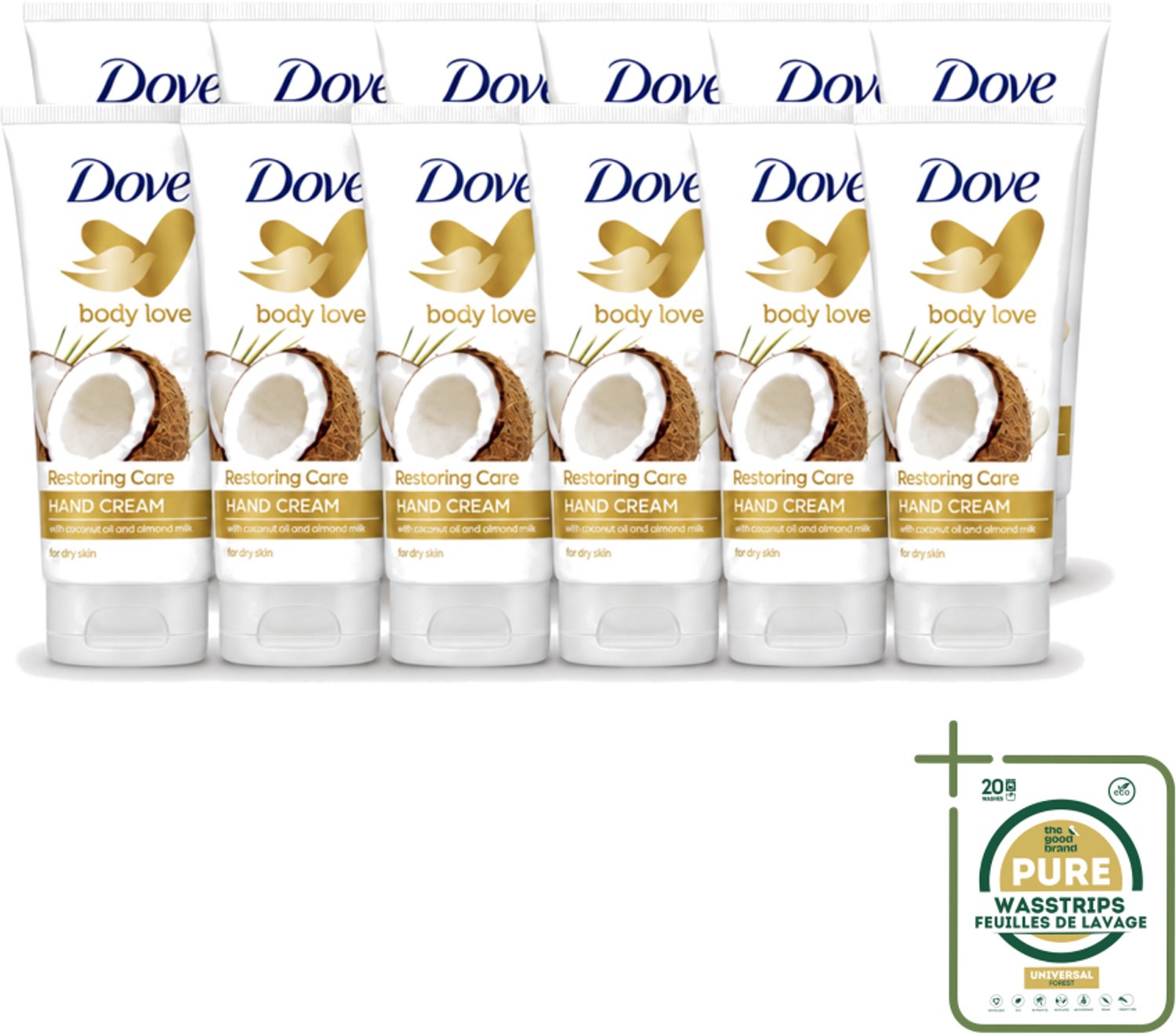 12 x Dove - Handcrème - Body Love Restoring Care - Kokos & Almond - Hydraterend - Droge huid - 75 g - Wasstrips - Handcrème - Droge Huid - Hydraterende Crème - Kokos En Amandel - Huidverzorging