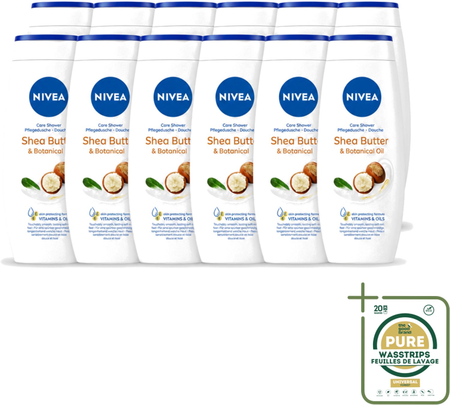 12 x Nivea - Douchegel - Shea Butter & Botanical Oil - 250 ml - Wasstrips - Douchegel - Shea Butter - Natuurlijke Olie - Huidverzorging - PH-huidneutraal