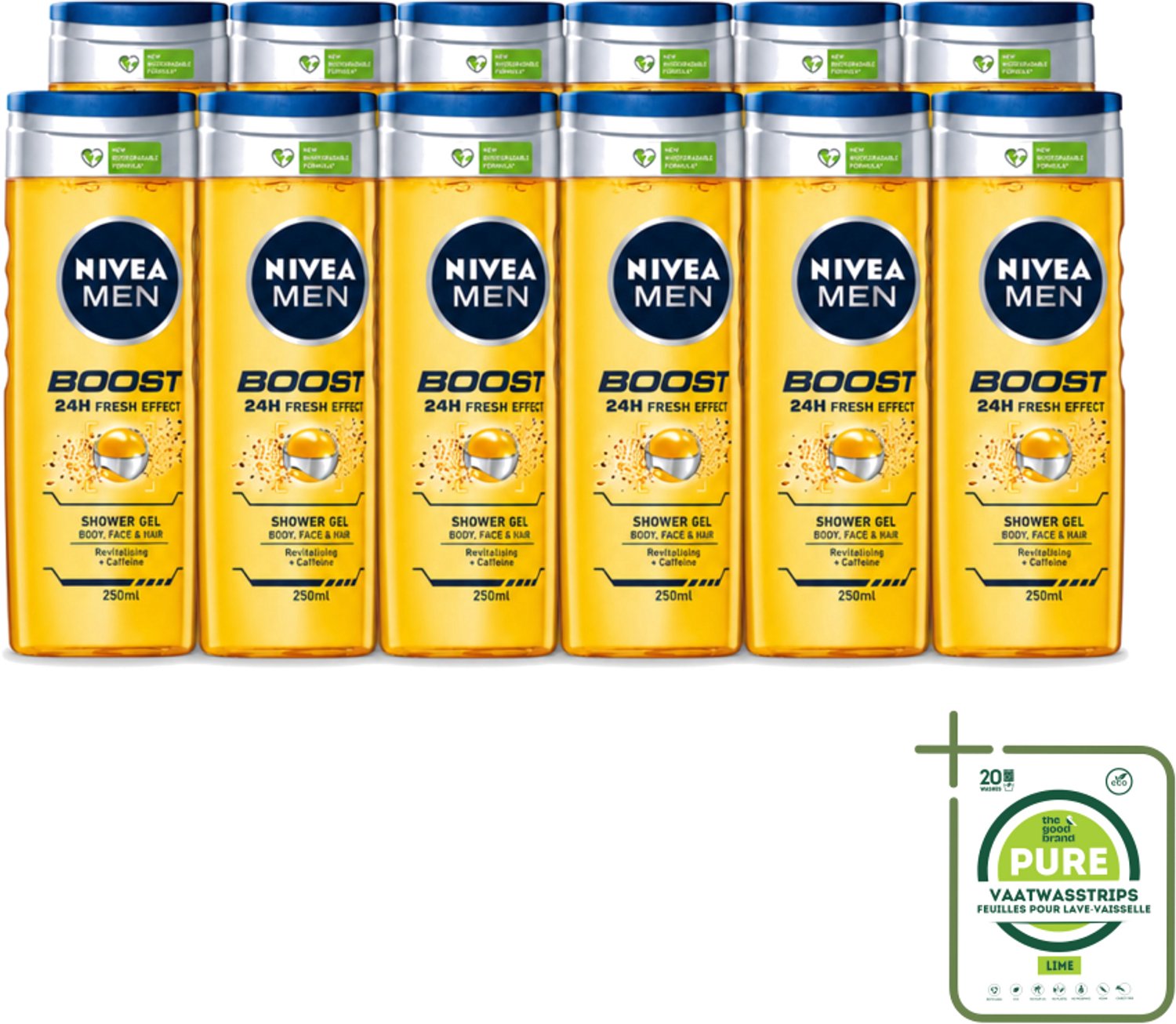 12 x Nivea - Men - Boost Douchegel - 24 Uur Lang Effect - 250 ml - Grootverpakking - Vaatwasstrips - Douchegel - Cafeïne - Fris Effect - Energieboost - Huidverzorging