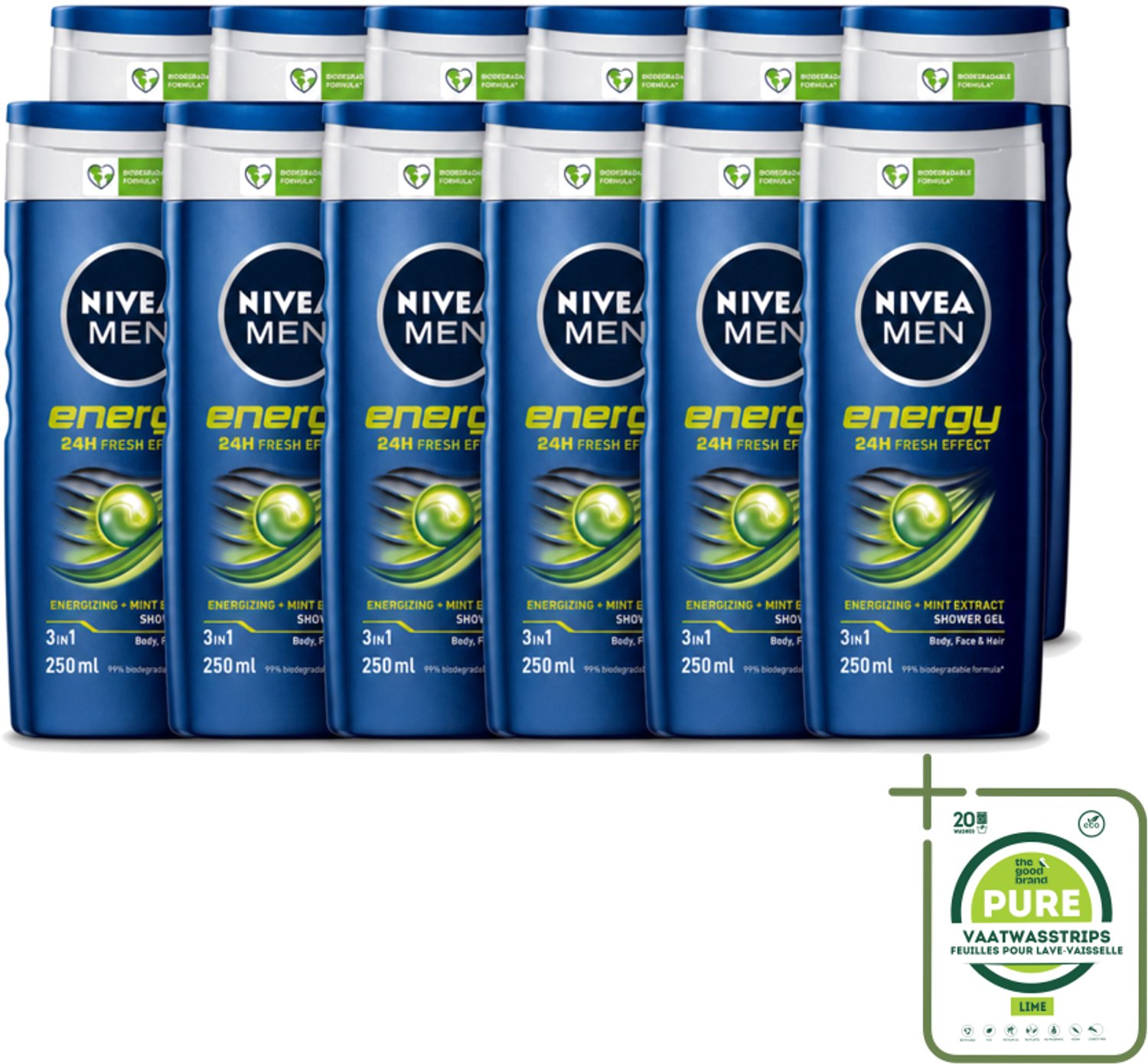 12 x Nivea - Men - Energy Douchegel - Langdurig Fris Gevoel - 250 ml - Grootverpakking - Vaatwasstrips - Douchegel Voor Mannen - Energieboost - Fris Gevoel - Reiniging Lichaam En Haar - Mintextract