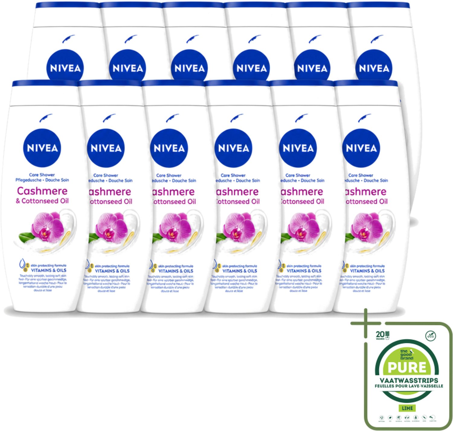 12 x Nivea - Douche Cashmere Moments - Beschermend - 250 ml - Grootverpakking - Vaatwasstrips - Douchegel Cashmere - Beschermende Douchegel - Gezonde Huid - Hydraterende Douchegel - Cashmere Geur