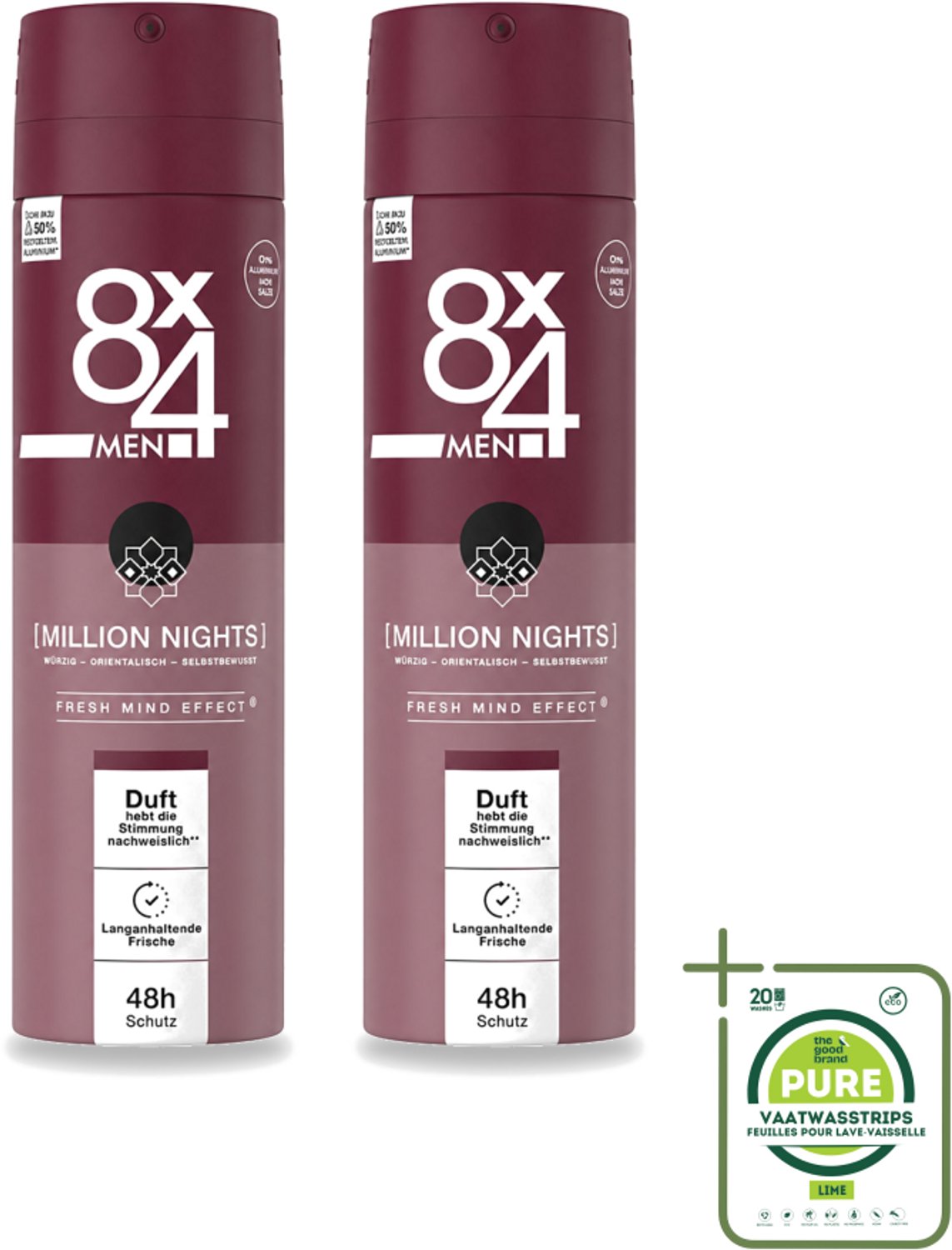 2 x 8 x 4 Deospray Men - No.18 Millions Nights - Deodorant - Voor Heren - 150 ml - Grootverpakking - Vaatwasstrips - Deodorant Voor Heren - Avondgeur - Zweetbestendig - Langdurige Geur - Mannelijke Geur