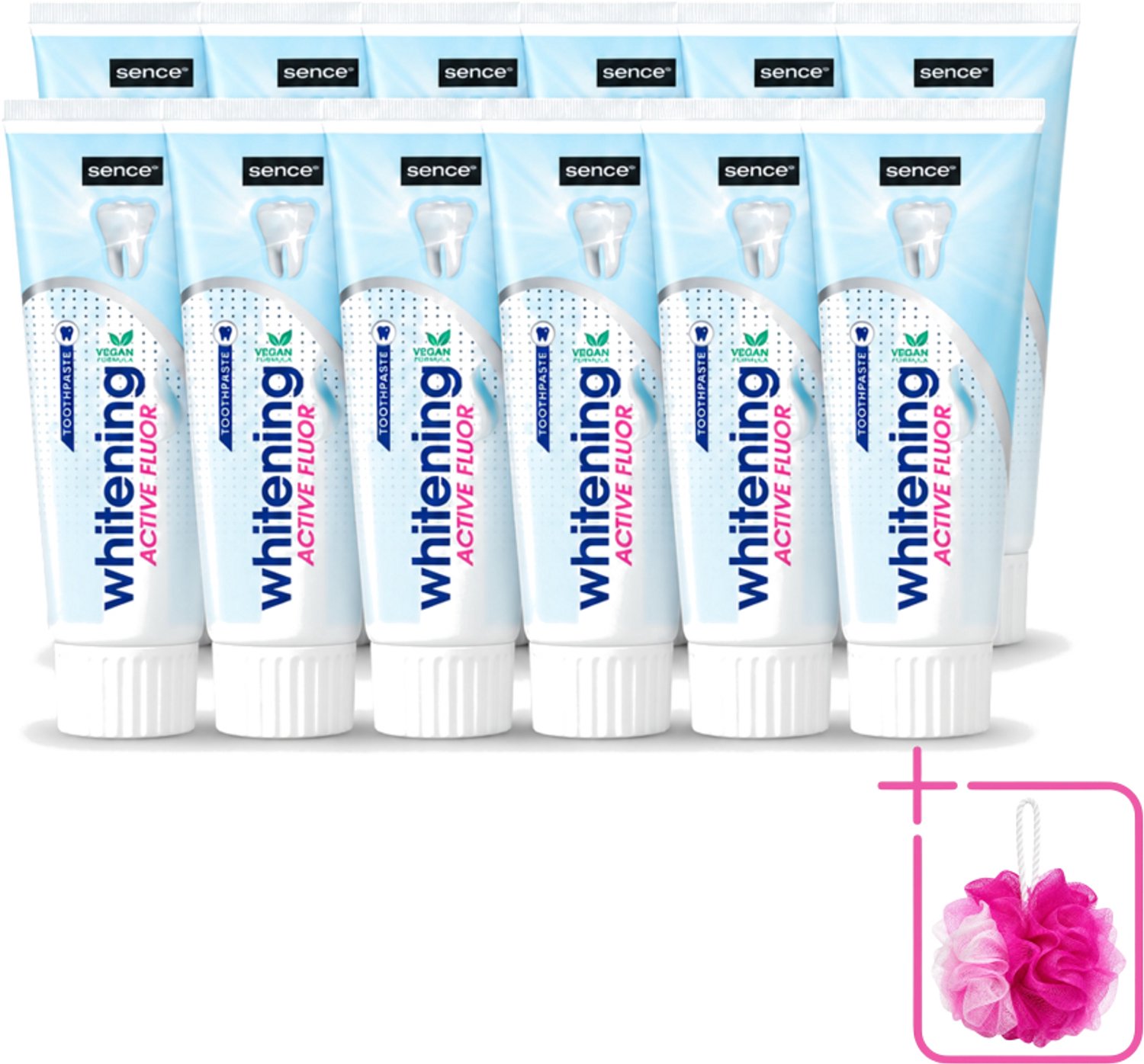 12 x Sence - Whitening - Tandpasta - Met Fluor - 75 ml - Bulkverpakking - Witte tanden - Douchemop - Tandpasta