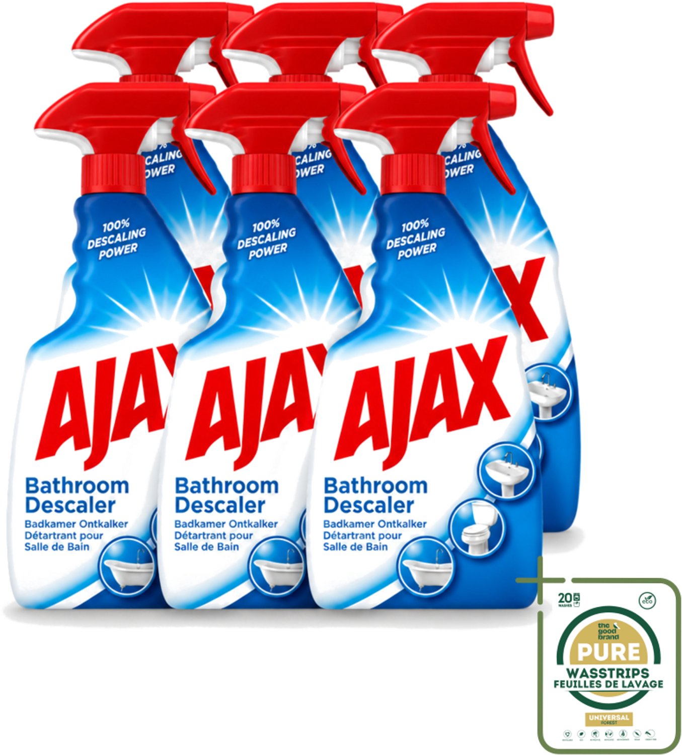 6 x Ajax - Badkamer Ontkalker Spray - Verwijdert Hardnekkig Kalk - 750 ml - Wasstrips - Badkamer Ontkalker - Ontkalker Spray - Hardnekkig Vet Verwijderen - Kalkaanslag Verwijderen - Badkamer Reinigen