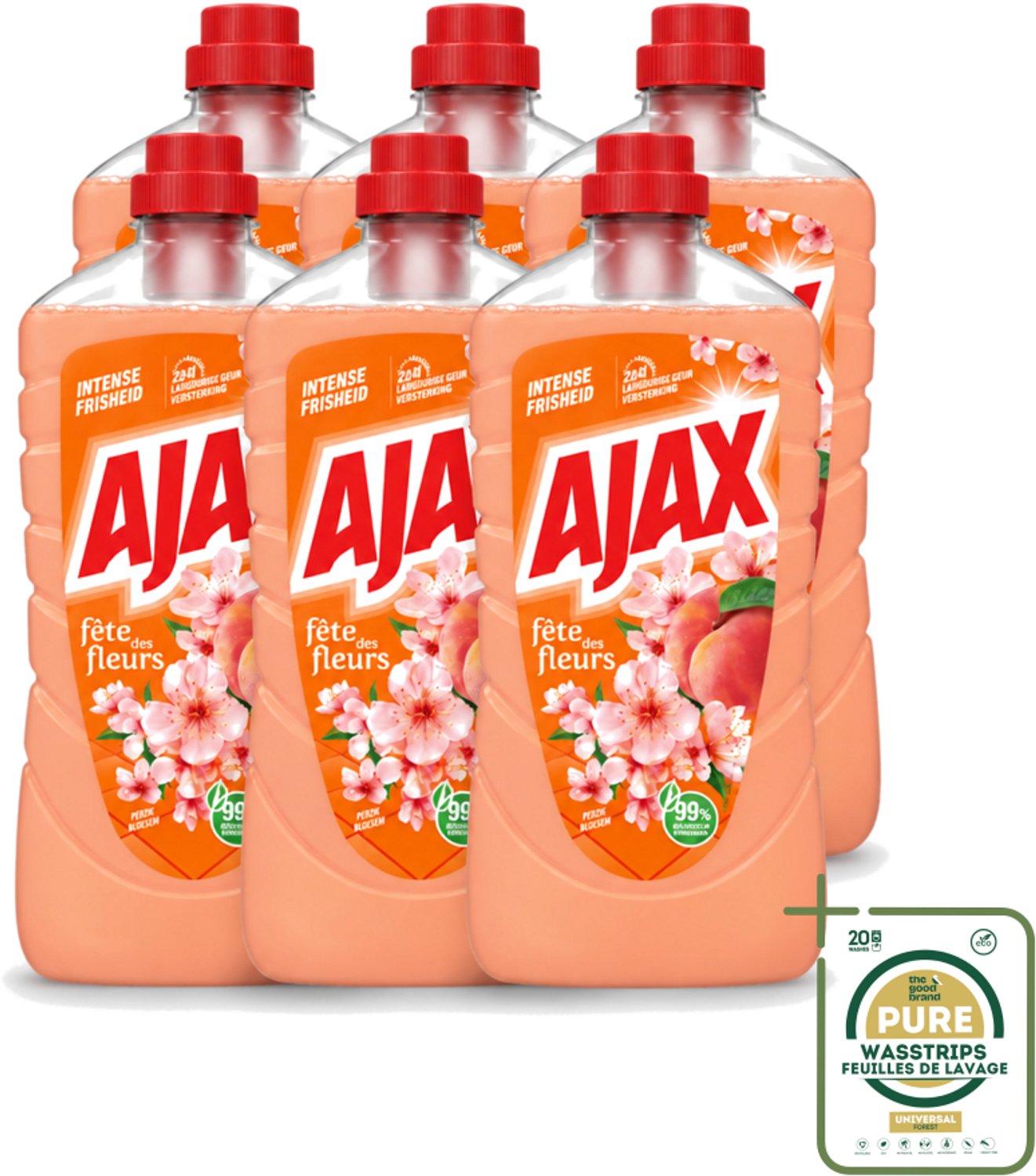 6 x Ajax – Allesreiniger – Perzik – 1000 ml - Wasstrips - Allesreiniger Perzik - Reiniging - Frisheid - Perzikgeur - Huishoudelijke Reiniging