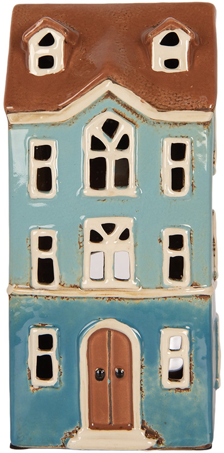 Clayre & Eef Waxinelichthouder Huis 11x9x22 cm Blauw Bruin Keramiek