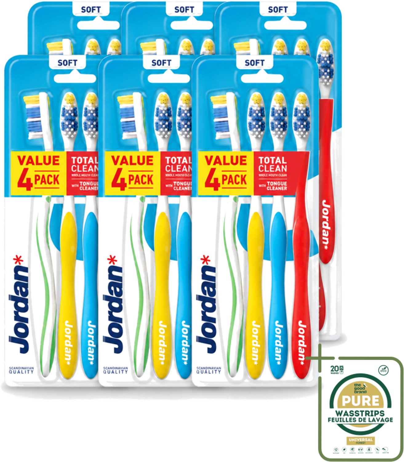 6 x Jordan - Total Clean - Tandenborstels Soft - 4 Tandenborstels - Tandenborstel - Mondverzorging - Tandenborstels - Tandplak Verwijderen - Tandvlees Verzorgen