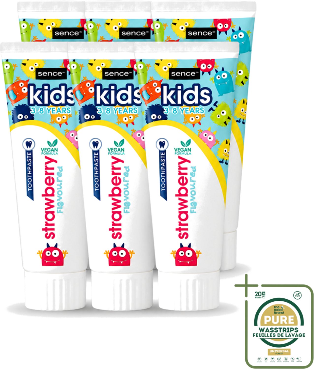 6 x Sence - Kids 3-8 Jaar - Tandpasta - Aardbei Smaak - Vegan - 75 ml - Wasstrips - Tandpasta Voor Kinderen - Kindertandpasta - Aardbei Tandpasta - Vegan Tandpasta - Tandenpoetsen Voor Kinderen