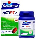 Davitamon Actifit 65+ multivitamine en mineralen met ginseng, 70 tabletten in een blauwe pot. De verpakking is wit en blauw met tekst.