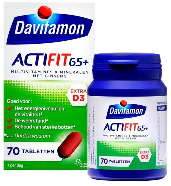 Davitamon Actifit 65+ multivitamine en mineralen met ginseng, 70 tabletten in een blauwe pot. De verpakking is wit en blauw met tekst.