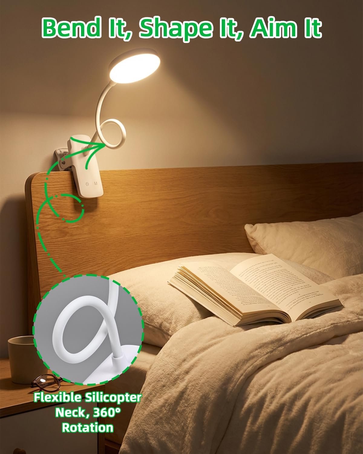 LED-leeslampje met klem - Boeklamp - Slaapkamerlamp - Studielamp - Klemlamp - Oplaadbaar en op het stopcontact aansluitbaar - 360° flexibel draaibaar - 3 lichtstanden - Geschikt voor boeken, naast het bed en op het bureau — cadeau in Gadgets - foto 2