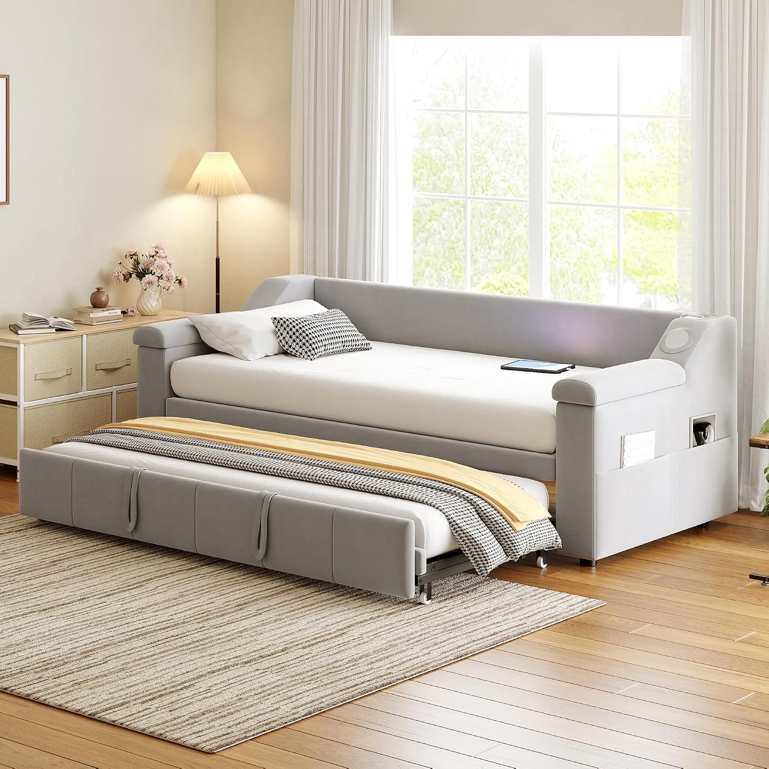 Multifunctioneel gestoffeerd bed, slaapbank, 90/180 x 190 cm, van fluweel, met hydraulisch uittrekbed, brede armleuningen, bluetooth-stereo-installatie, USB-oplaadpoort en opbergvakken