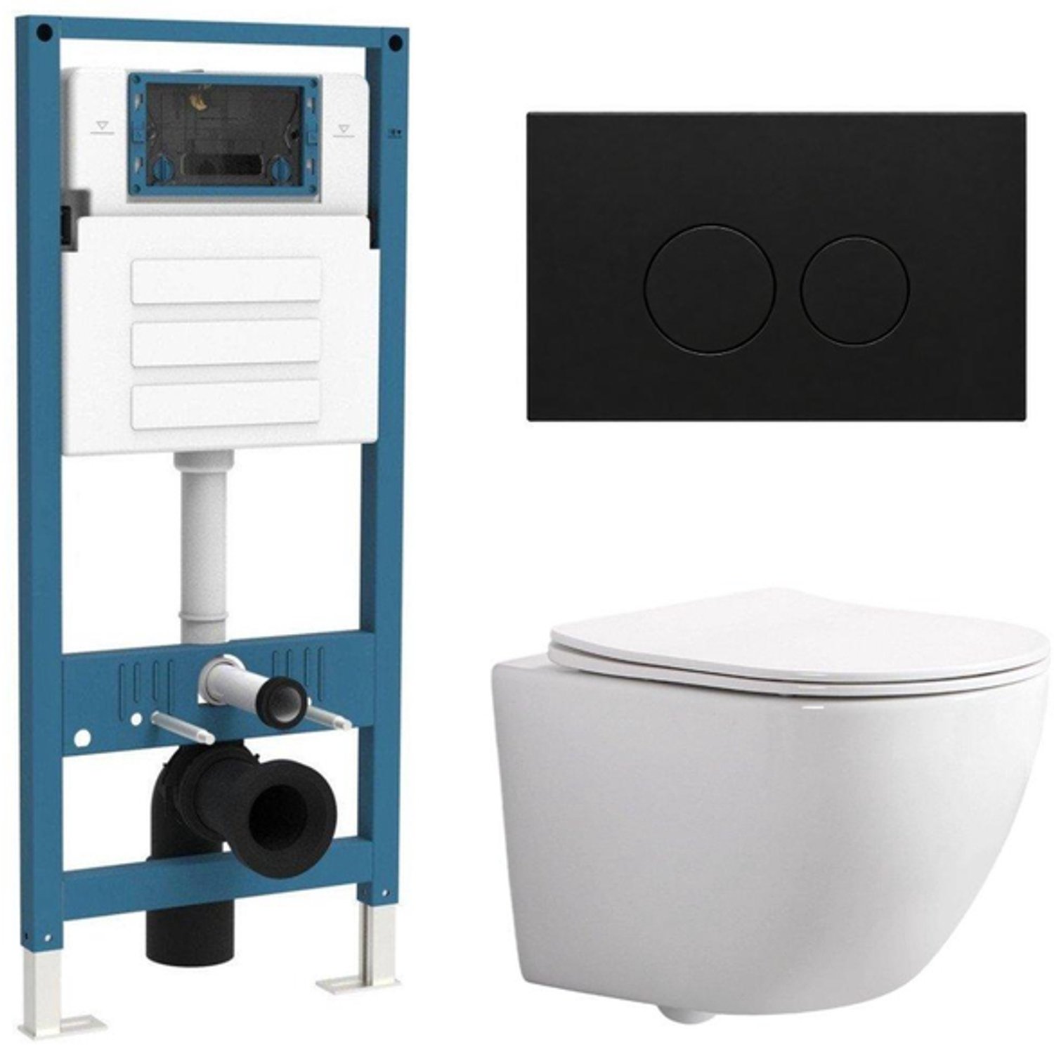 QeramiQ Dely Swirl Compact Toiletset - inbouwreservoir QeramiQ flush - slim zitting - metalen bedieningsplaat mat zwart - ronde knoppen - glans wit