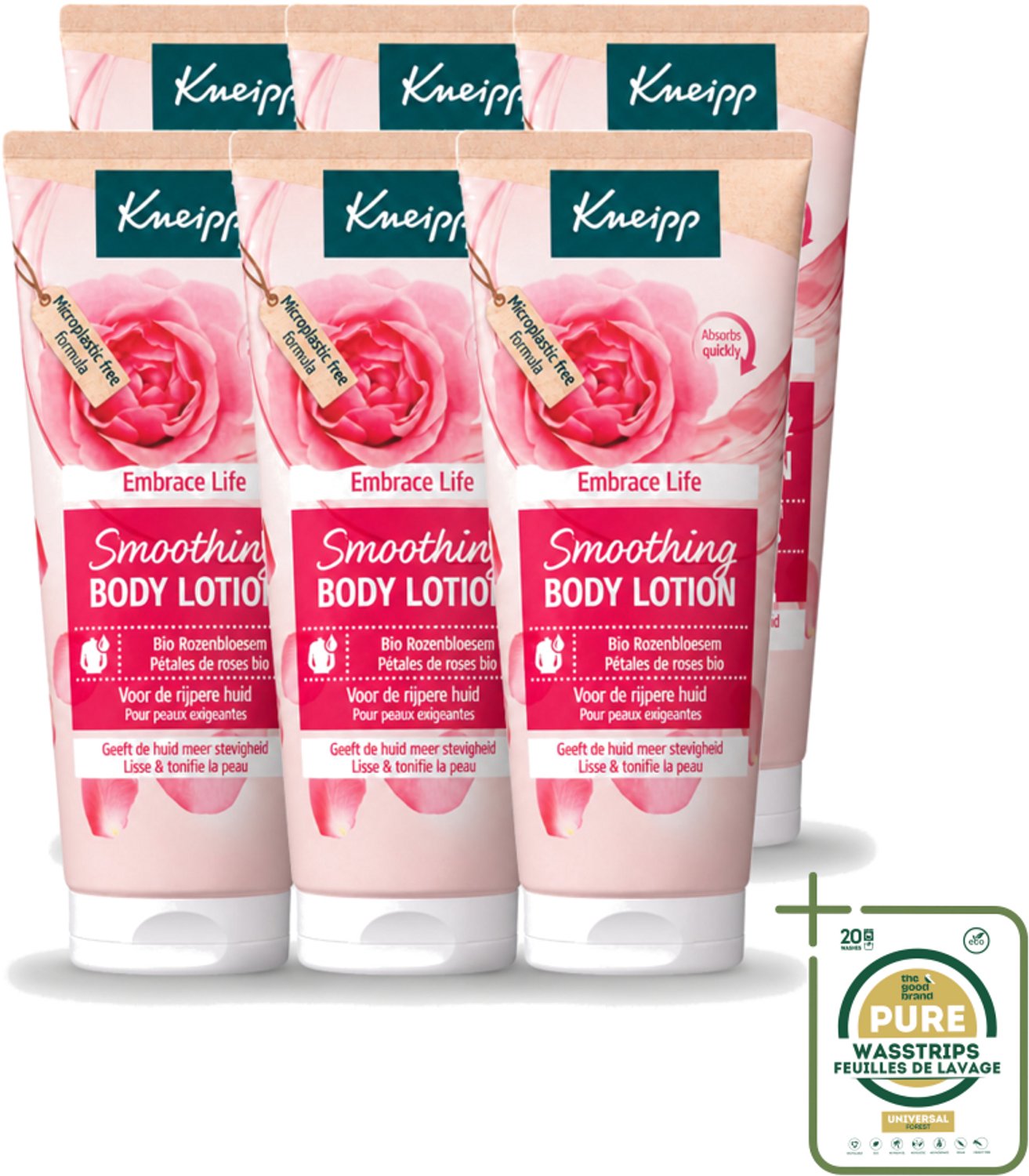 6 x Kneipp - Body lotion - Embrace Life - Anti‑Aging verzorging - 200 ml - Wasstrips - Anti-aging Huidverzorging - Rijpe Huid Verzorging - Huidhydratatie - Huidelasticiteit - Huidveroudering Verminderen