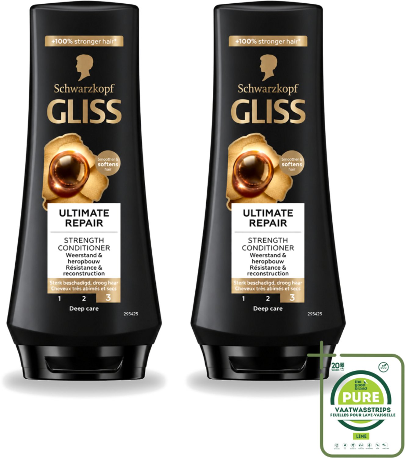 2 x Gliss - Hair Repair - Conditioner voor Ultiem Herstel van Beschadigd Haar - 200 ml - Grootverpakking - Vaatwasstrips - Haarkracht - Haarherstel - Keratine - Haarbescherming - Droog Haar