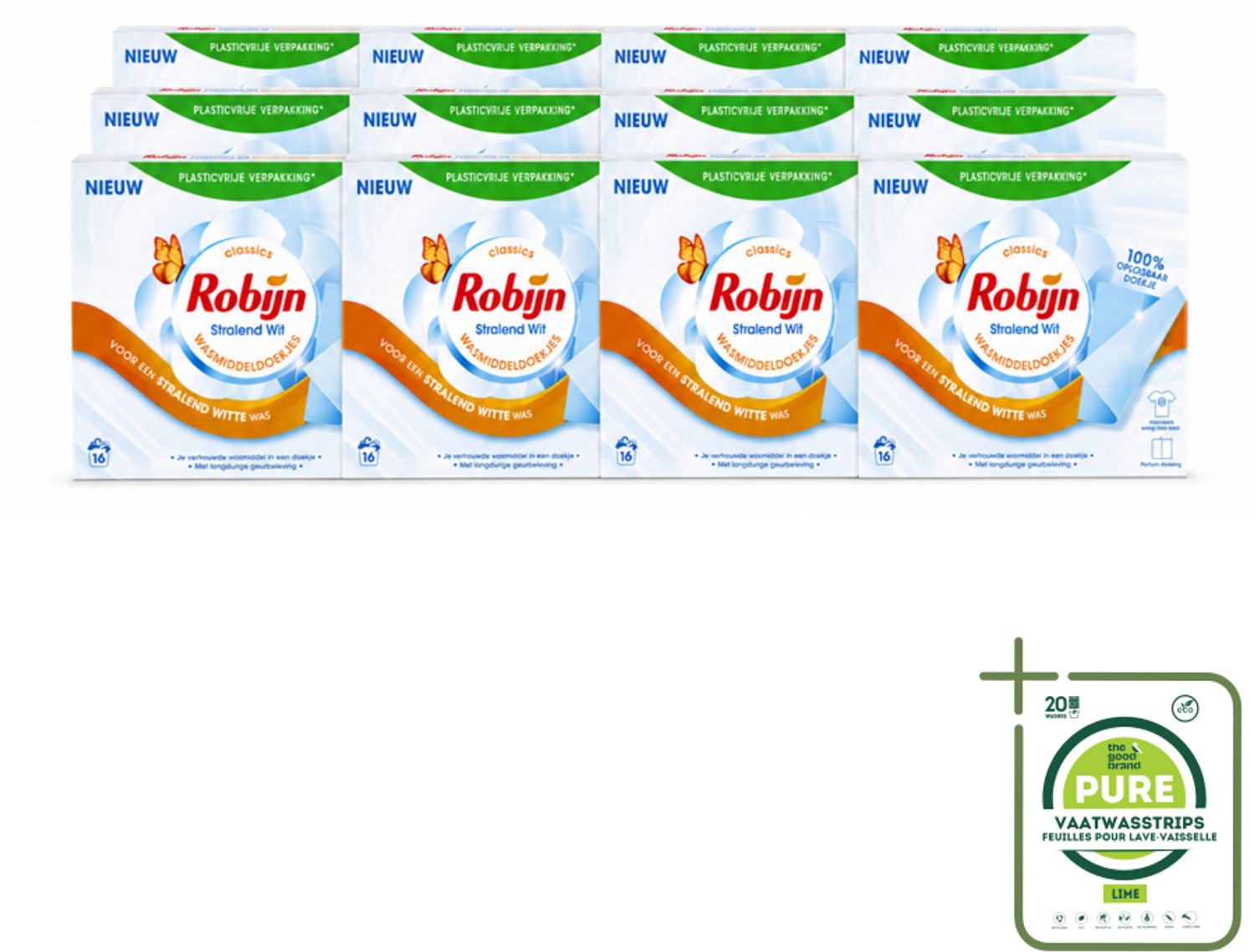12 x Robijn Classics - Stralend Wit - Wasmiddeldoekjes - 16 Wasstrips - Grootverpakking - Vaatwasstrips - Wasmiddeldoekjes - Stralend Wit - Wasdoekjes - Robijn - Wasverzachter