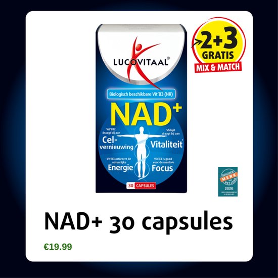 Verpakking van Lucovitaal NAD+ 30 capsules. Met een '2+3 GRATIS' sticker bovenaan. De prijs is €19.99.