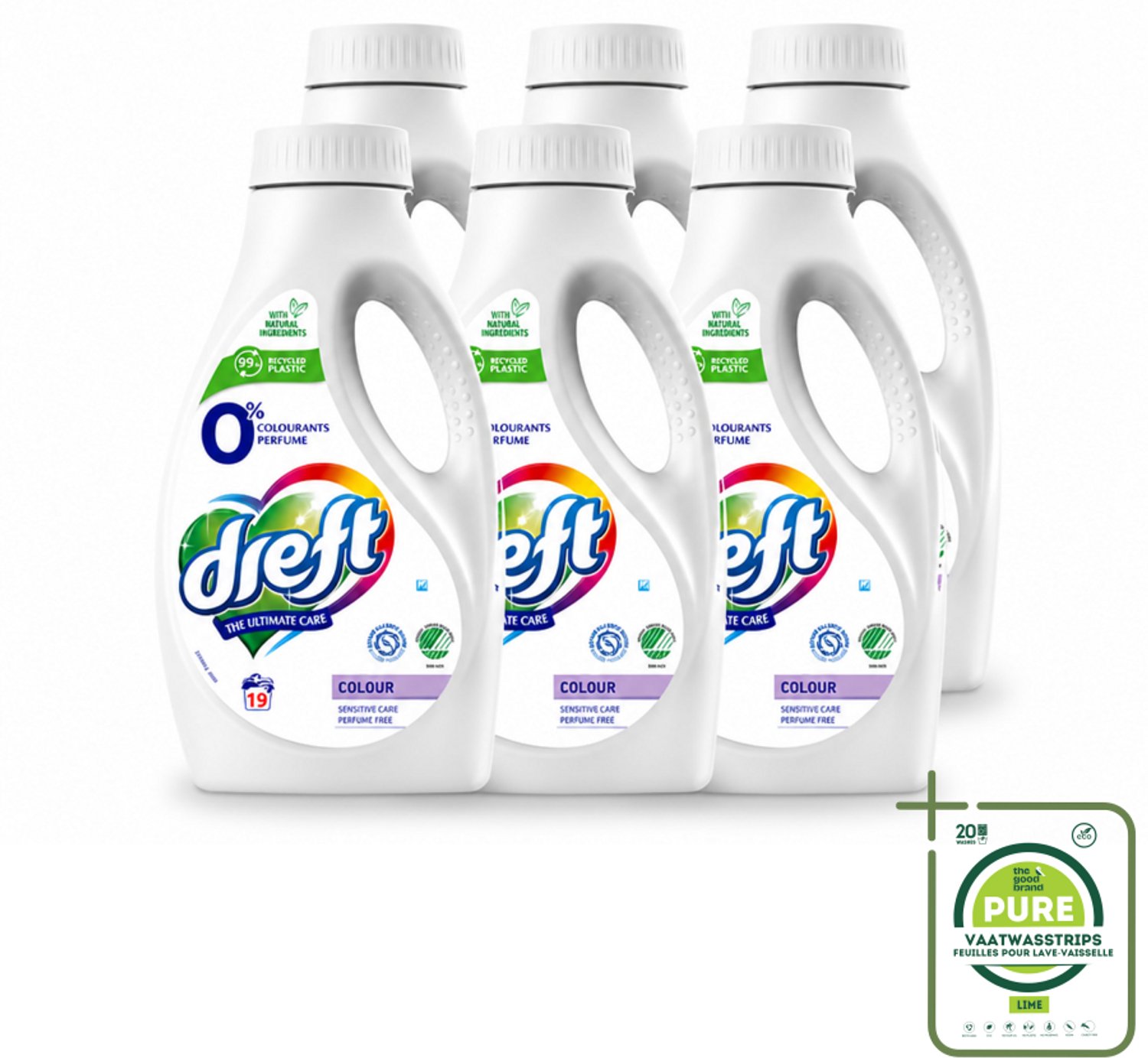6 x Dreft - Vloeibaar Wasmiddel - 0% Gekleurde Was - Hypoallergeen - 19 Wasbeurten - Grootverpakking - Vaatwasstrips - 0% Parfum - Gevoelige Huid - Gekleurde Was - Natuurlijke Wasmiddel - Zachte Was