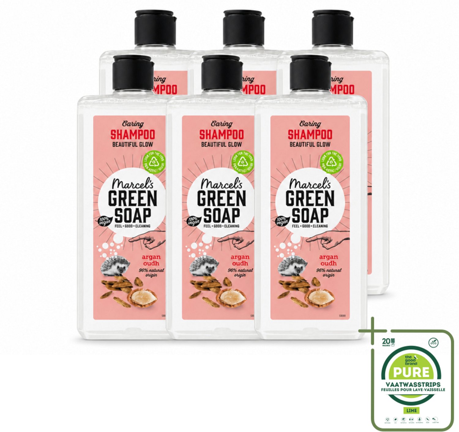 6 x Marcel's Green Soap - Shampoo - Argan & Oudh - Versterkt & verzorgt - 300 ml - Grootverpakking - Vaatwasstrips - Haarverzorging - Natuurlijke Shampoo - Arganolie - Oudh Geur - Vegan Shampoo