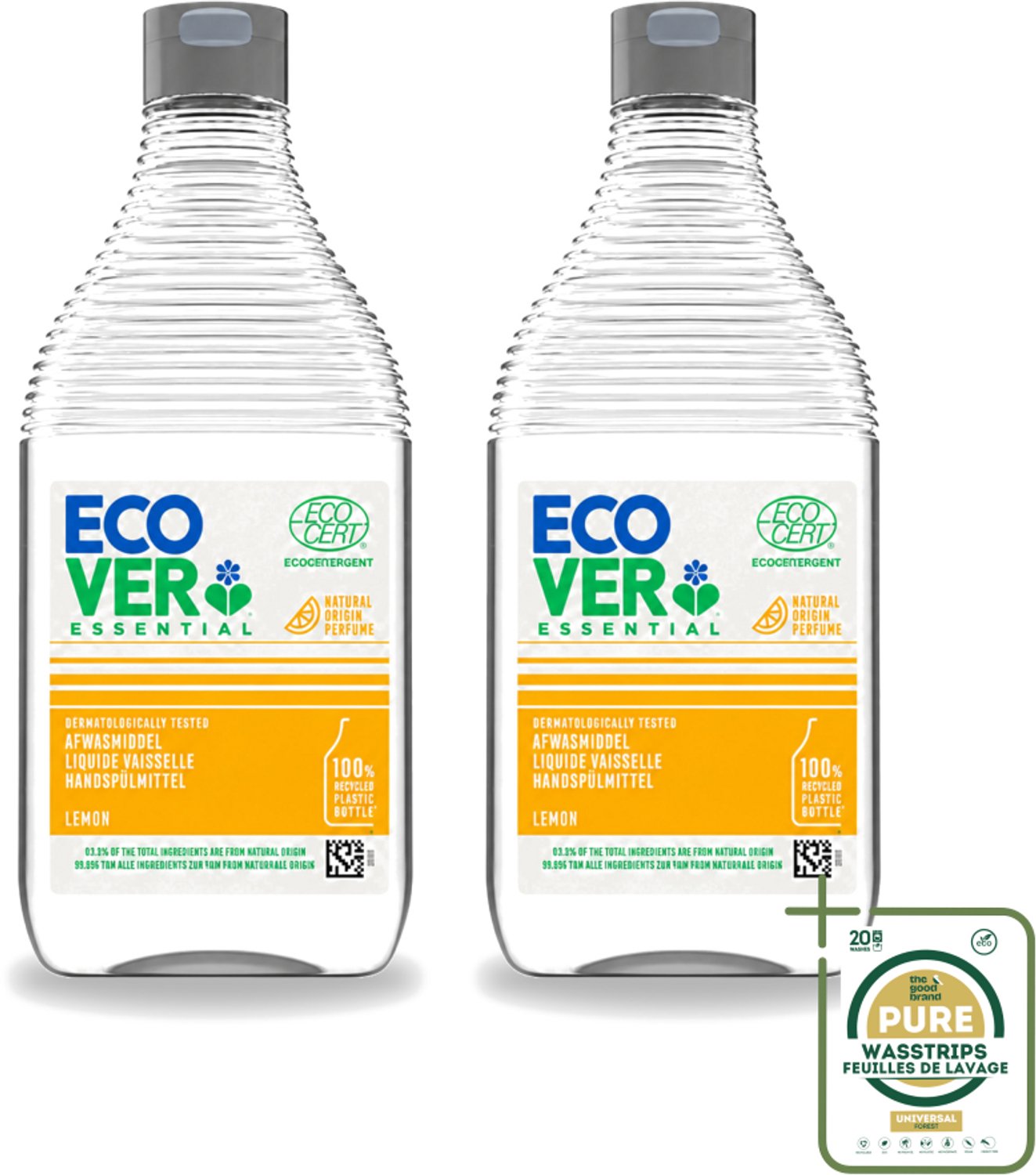 2 x Ecover - Afwasmiddel Essential - Citroen - 450 ml - Wasstrips - Afwasmiddel Citroen - Plantaardig Afwasmiddel - Duurzaam Afwasmiddel - Ecologisch Afwasmiddel - Schone Vaat