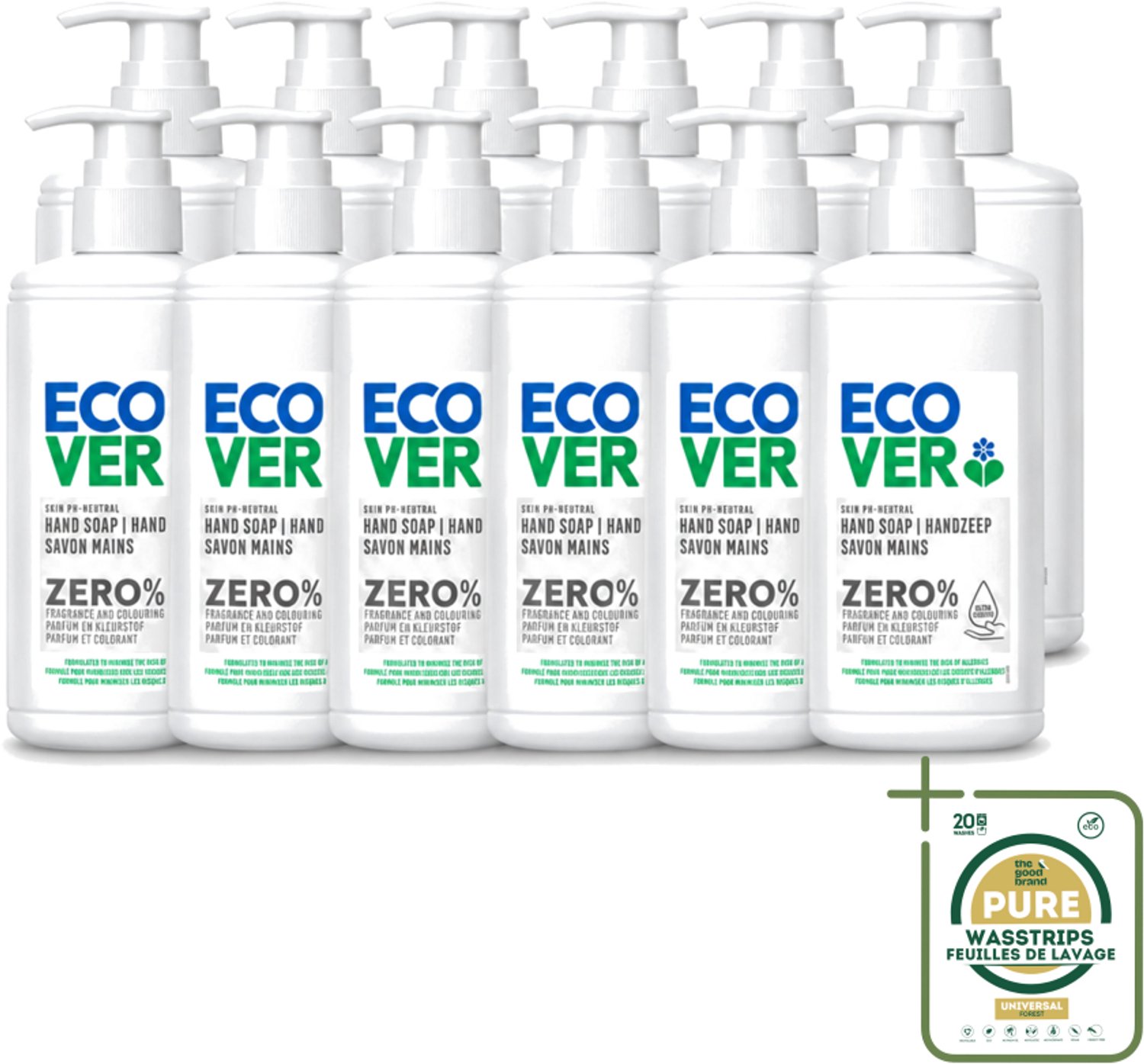 12 x Ecover - Handzeep ZERO - Parfumvrij - 250 ml - Wasstrips - Handzeep Zero - Parfumvrij Handzeep - Hypoallergene Handzeep - Gevoelige Huid - Eczeem Handzeep