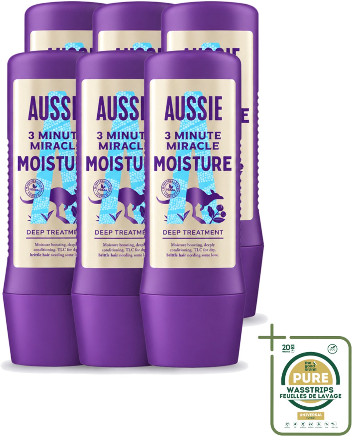6 x Aussie - Haarmasker - 3 Minute Miracle Moisture - Intensief - Vegan Verzorging - 225 ml - Wasstrips - Haarmasker - Hydratatie - Droog Haar - Vegan Haarmasker - Australische Macadamiaolie