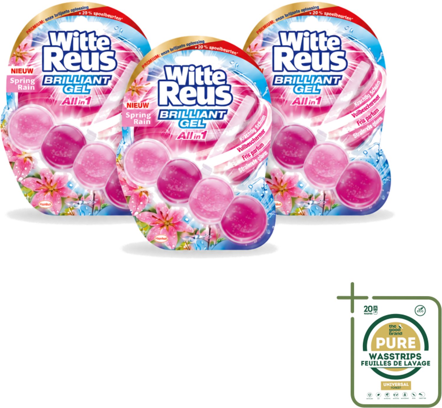 3 x Witte Reus - Toiletblok Brilliant Gel - Spring Rain - 1 Toiletblok - Wasstrips - Toiletblok - Reinigingsgel - Frisheid - Schoonmaak - Hygiëne