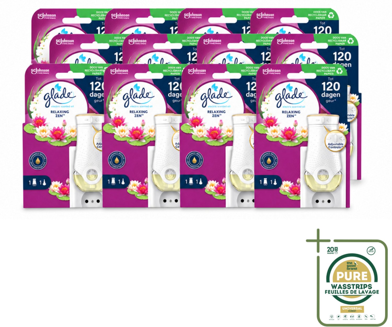 12 x Glade - Houder Elektrische Olie - Relaxing Zen - Wasstrips - Elektrische Geurhouder - Ontspannende Geur - Luchtverfrisser - Geurhoudende Houder - Relax Geur