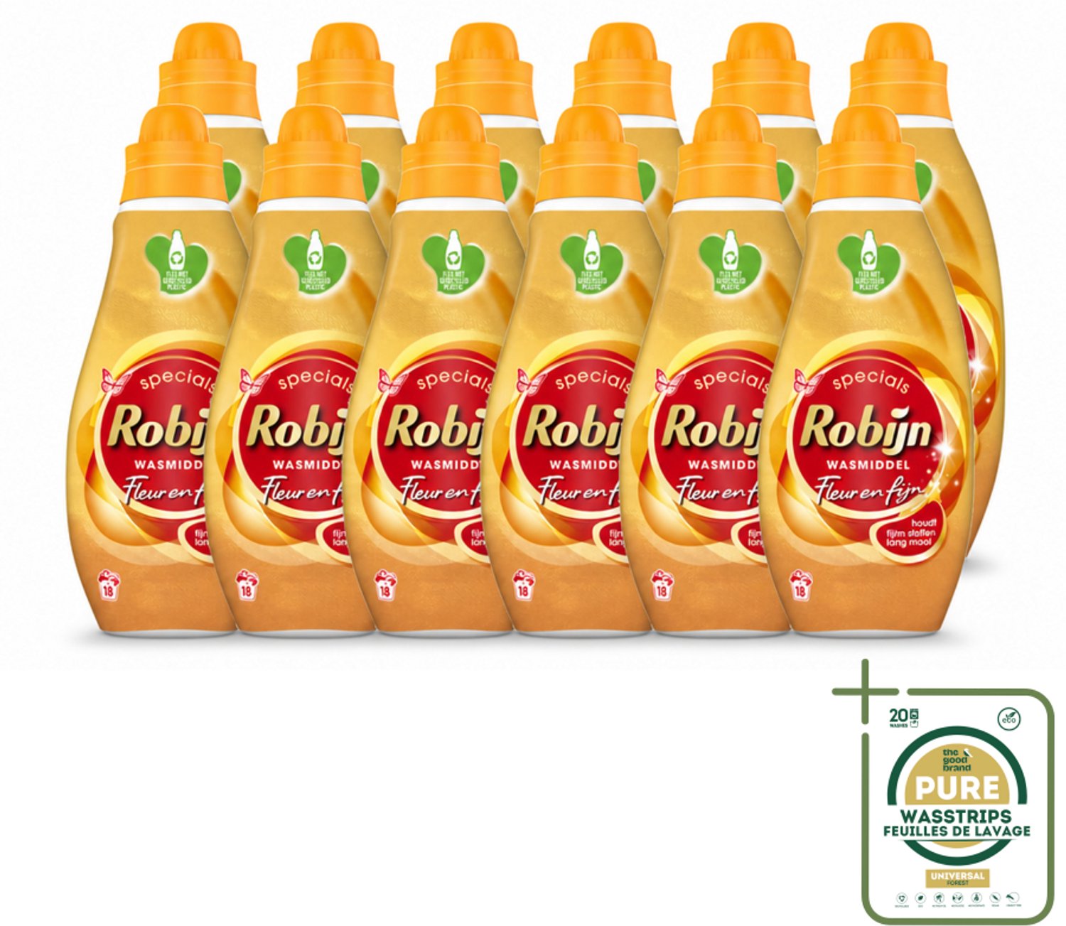12 x Robijn Specials - Fleur & Fijn - Vloeibaar Wasmiddel - 18 Wasbeurten - Wasstrips - Fijne Was - Kleurbehoud - Biologisch Afbreekbaar - Wasmiddel - Machine- En Handwas