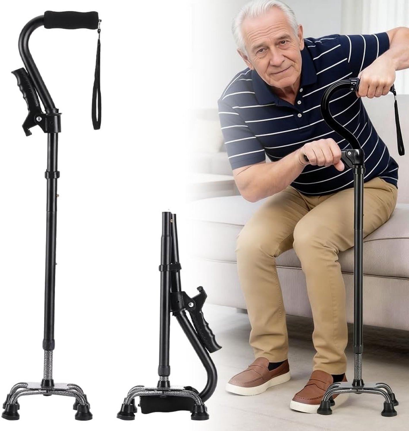 Verstelbare Vouwbare Loopstok voor Senioren, Lichtgewicht en Ergonomisch met Dubbele Handgreep en 4-punts Basis