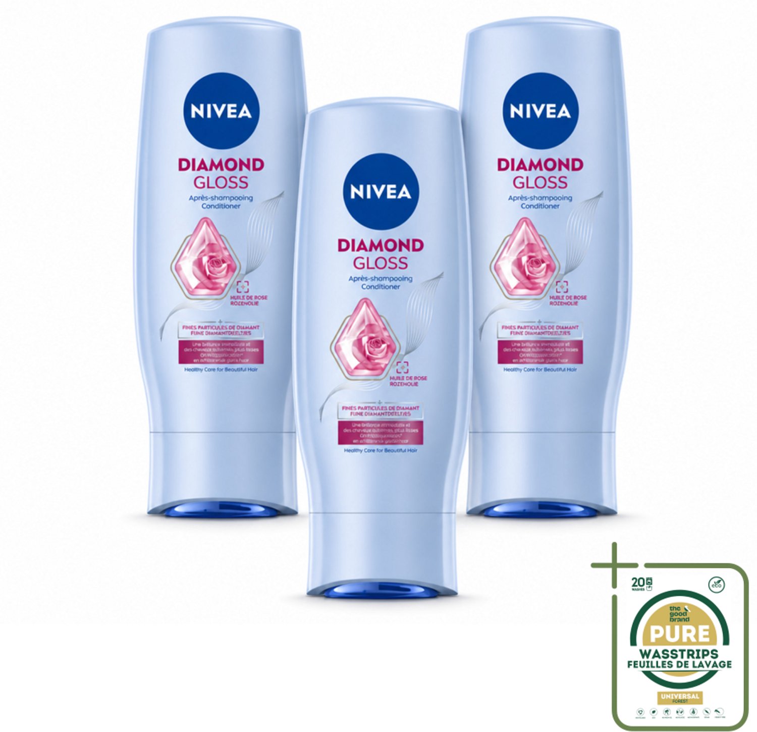 3 x NIVEA - Diamantglans Conditioner - Crèmespoeling - Voor Glans - 200 ml - Wasstrips - Diamantglans Haar - Haar Verzorging - Haar Crèmespoeling - Glans Haar - Zachte Haar