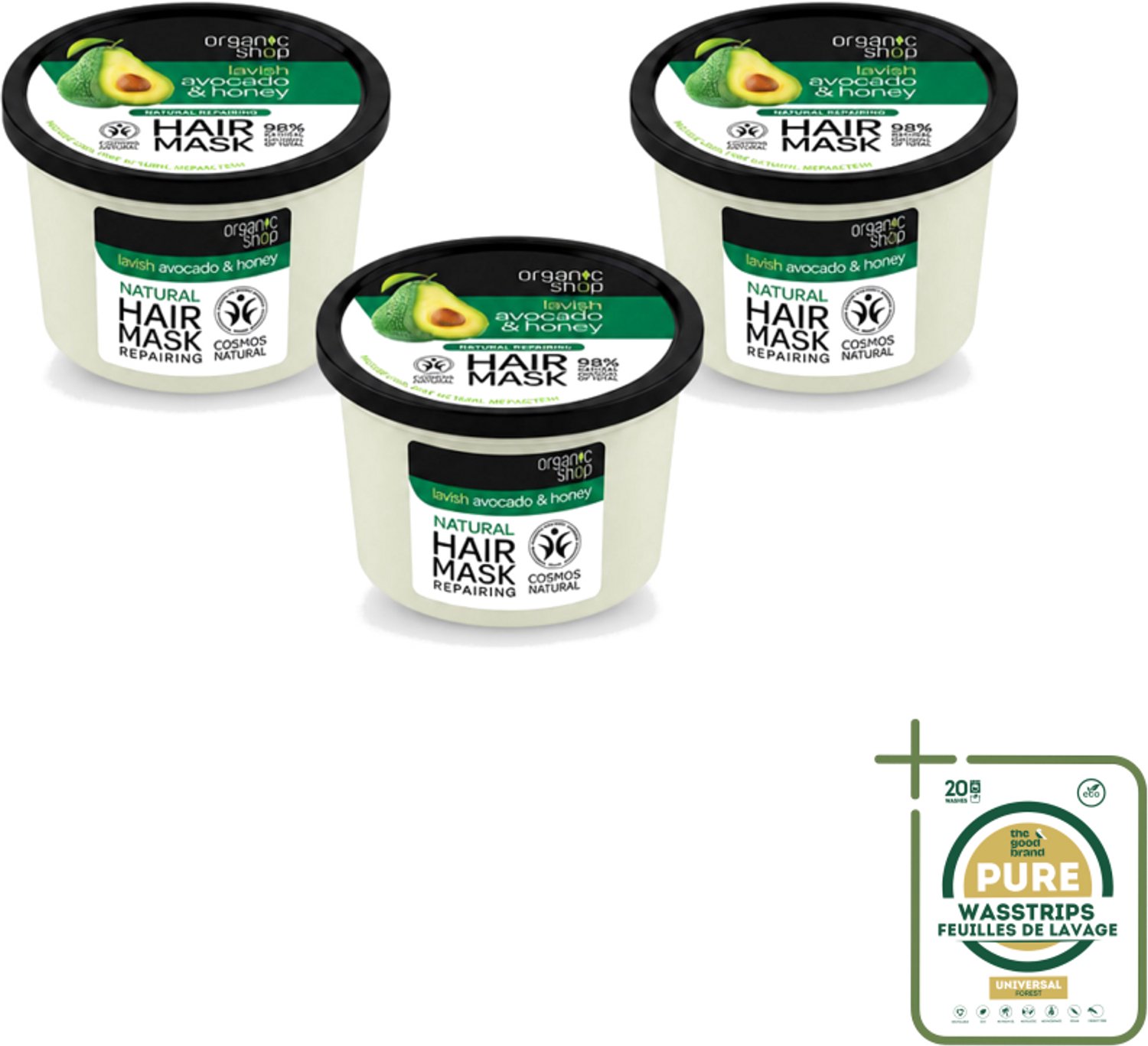 3 x Organic Shop - Haarmasker Avocado & Honey - Hydraterend en Verzachtend - 250 ml - Wasstrips - Haarmasker Avocado En Honing - Natuurlijk Haarmasker - Droog Haar Herstellen - Haar Verzachten - Haar Herstellen