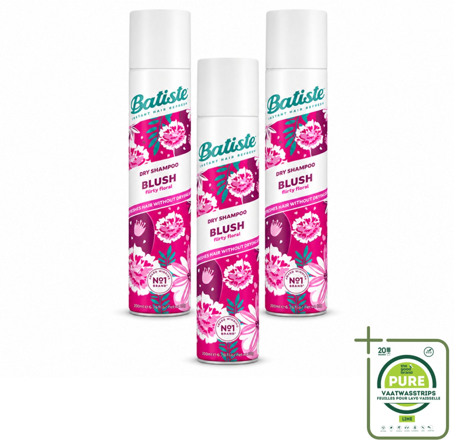 3 x Batiste - Blush - Droogshampoo - Bloemige Geur - Frist Op en Geeft Textuur - 200ml - Grootverpakking - Vaatwasstrips - Droogshampoo - Haar Opfrissen - Frisheid - Bloemige Geur - Haar Volume