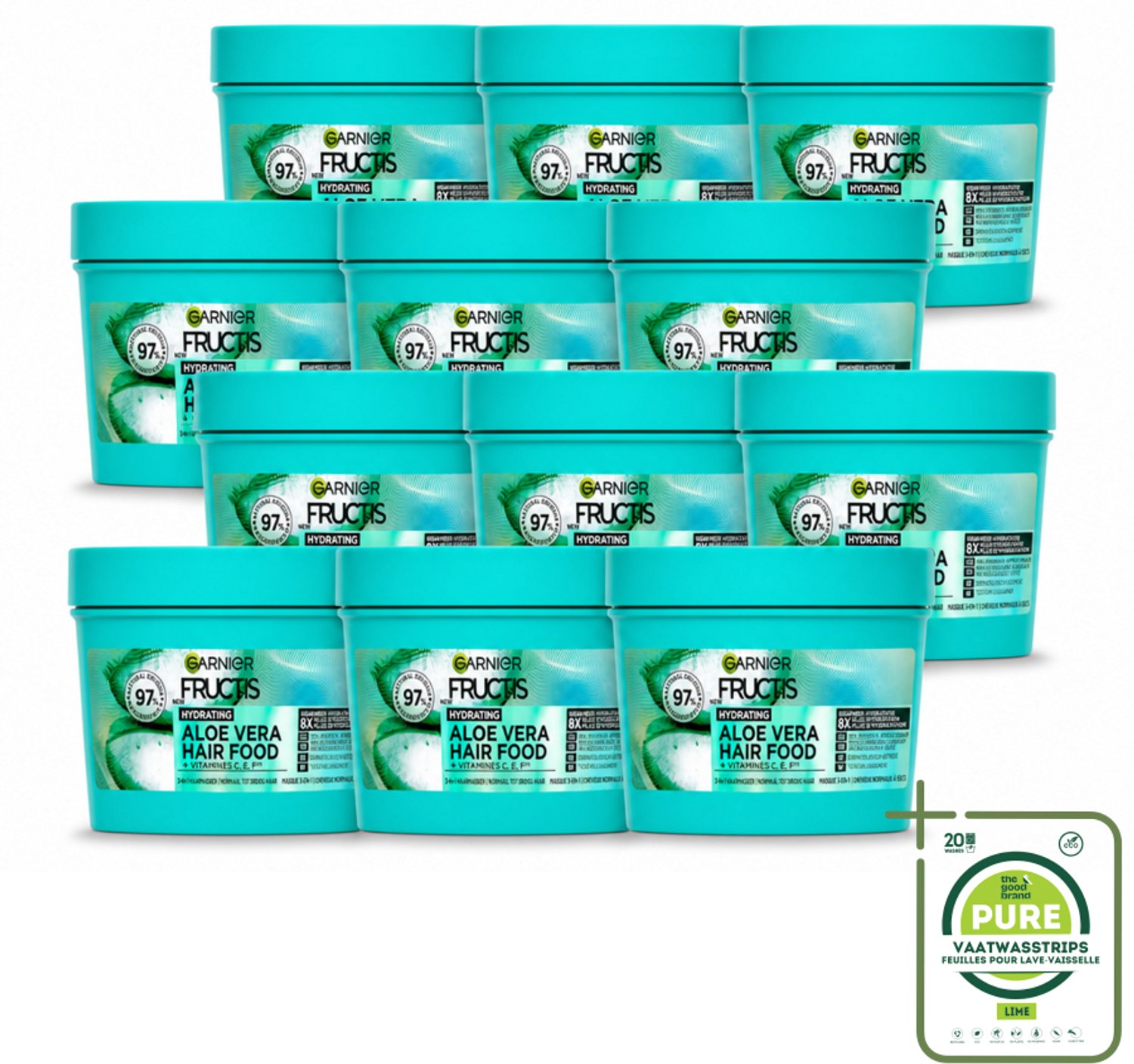 12 x Garnier - Fructis Hair Food Aloe Vera - 3-in-1 Haarmasker - Normaal tot Droog Haar - 400 ml - Grootverpakking - Vaatwasstrips - Haarmasker - Hydratatie - Haarverzorging - Aloe Vera - Normaal Haar