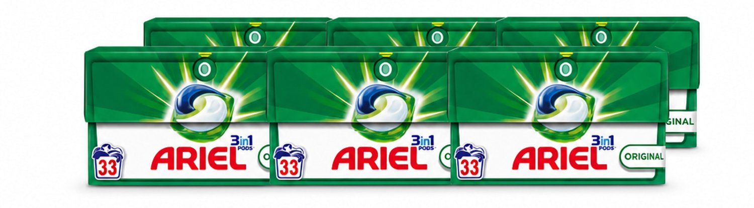 6 x Ariel - 3in1 Wasmiddel Pods - Original - 33 Pods - Voordeelverpakking - 6 stuks