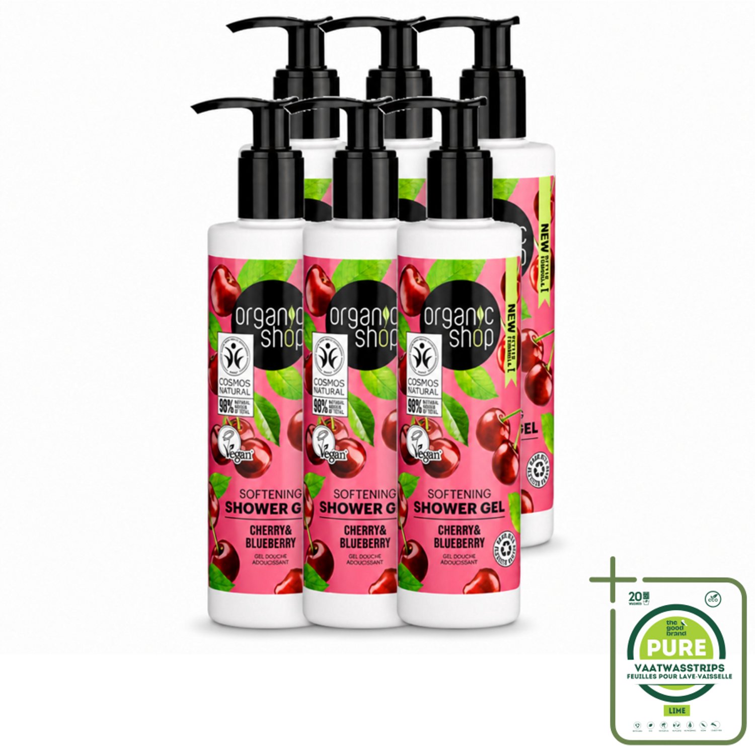 6 x Organic Shop - Douchegel Cherry & Blueberry - Verfrissend en Hydraterend - 280 ml - Grootverpakking - Vaatwasstrips - Douchegel - Natuurlijke Douchegel - Biologische Douchegel - Hydraterende Douchegel - Kersenextract
