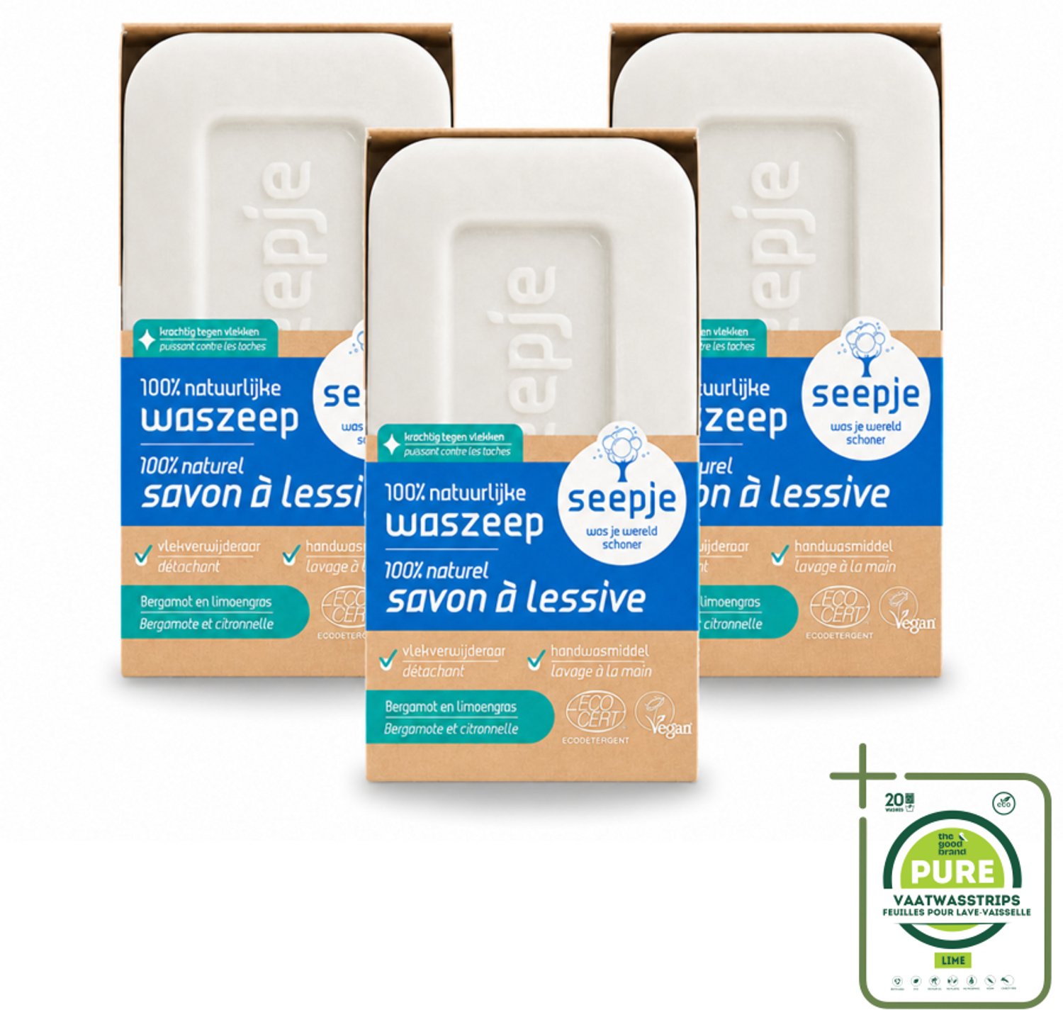 3 x Seepje - Waszeep - Handgemaakt & Natuurlijke Ingrediënten - Blok - 120 gr - Grootverpakking - Vaatwasstrips - Natuurlijke Wasmiddelen - Zeepblok - Vlekverwijderaar - Vegan Wasmiddel - Plasticvrije Verpakking