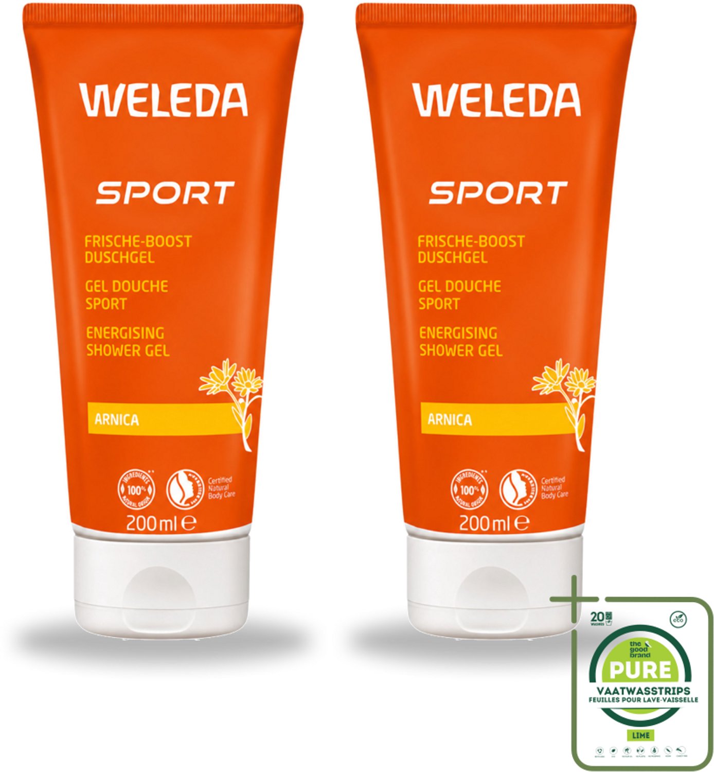 2 x WELEDA - Douchegel Sport - Arnica - 200 ml - Grootverpakking - Vaatwasstrips - Sportdouchegel - Herstel - Arnica - Natuurlijke Douchegel - Spierherstel