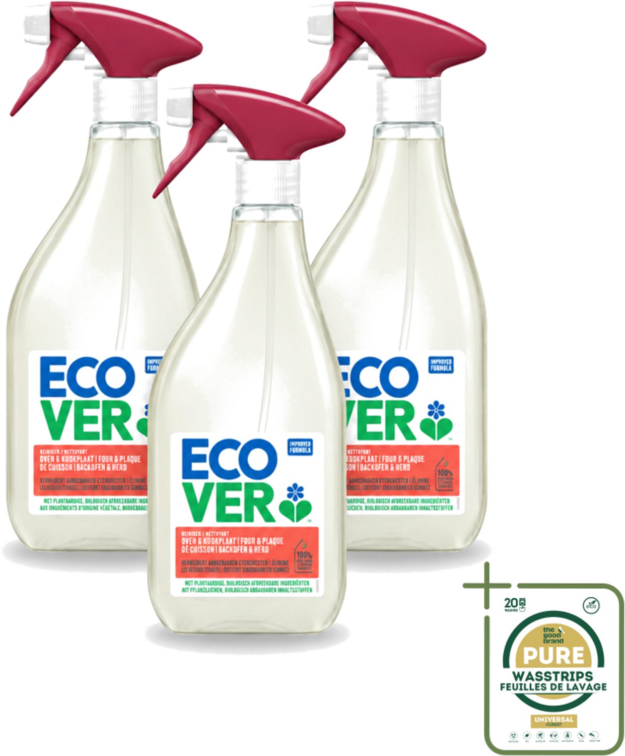 3 x Ecover - Oven- & Kookplaatreiniger - Power Cleaner - 500 ml - Wasstrips - Oven Reinigen - Kookplaat Reinigen - Vet Verwijderen - Plantaardige Reiniger - Vuil Verwijderen