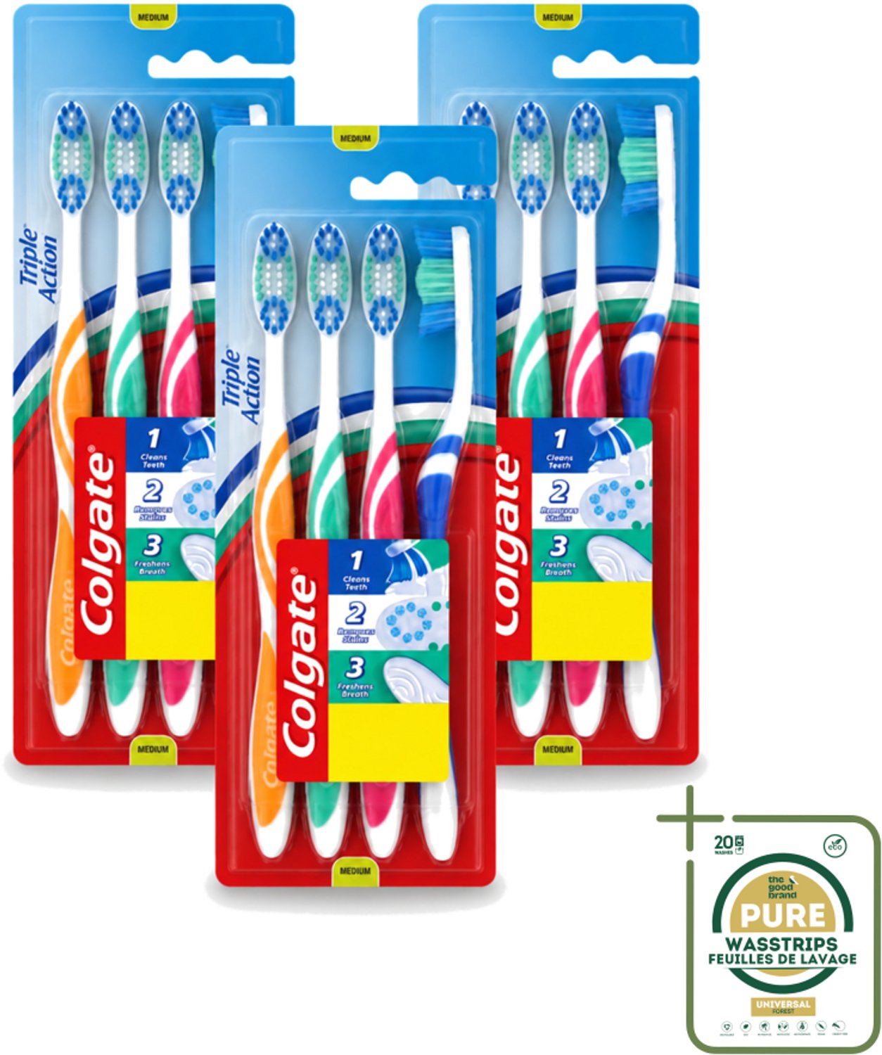 3 x Colgate - Tandenborstels - Triple Action - Medium - 4 borstels - Tandenborstel - Mondhygiëne - Tanden Reinigen - Vlekverwijderen - Frisse Adem